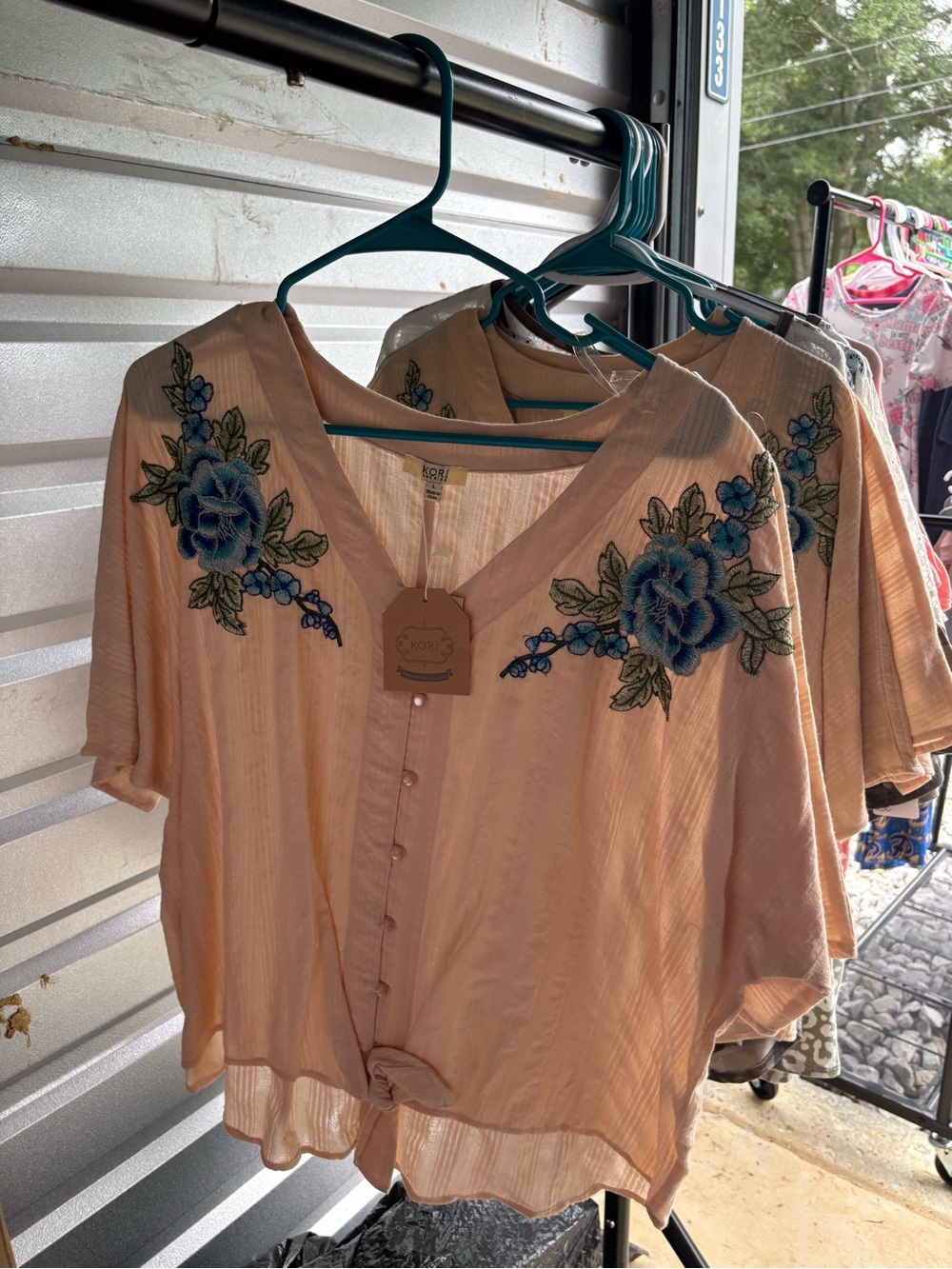 Kori Peach Short-Sleeve V-Neck Top with Blue Floral Embroidery